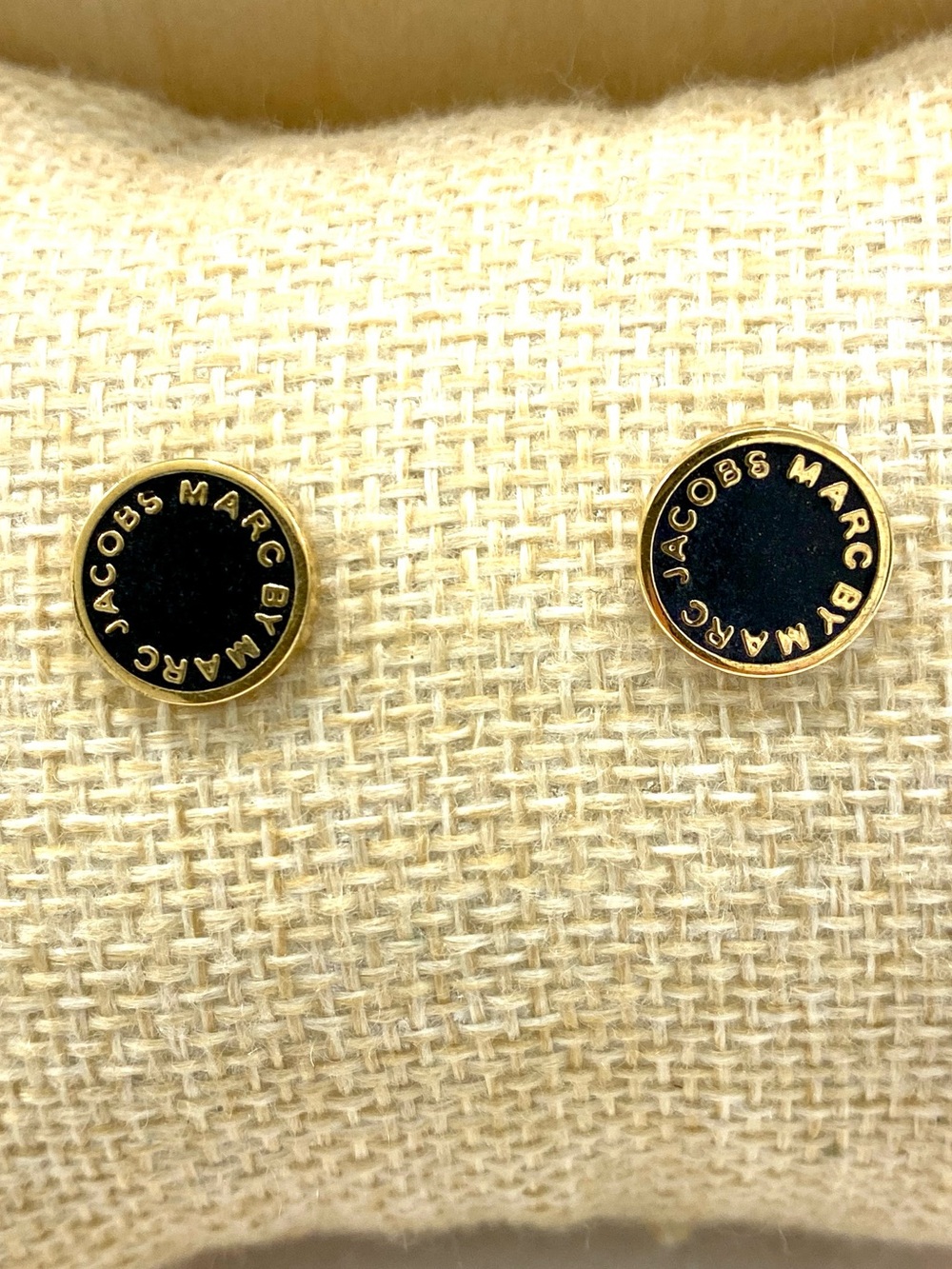 Marc By Marc Jacobs Black and Gold Logo Disc Stud Earrings